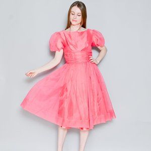VINTAGE Pink Organza Puff-Sleeve Midi Dress Small